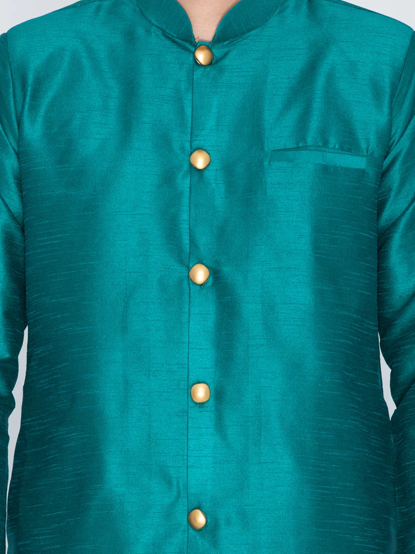 Vastramay Men's Green Silk Blend Sherwani Set 5 Vastramay Men's Green Silk Blend Sherwani Set