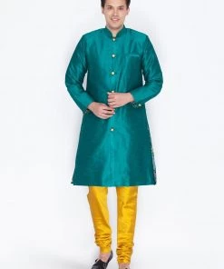Vastramay Buy 1 Get 1 Men's Green Silk Blend Sherwani Set