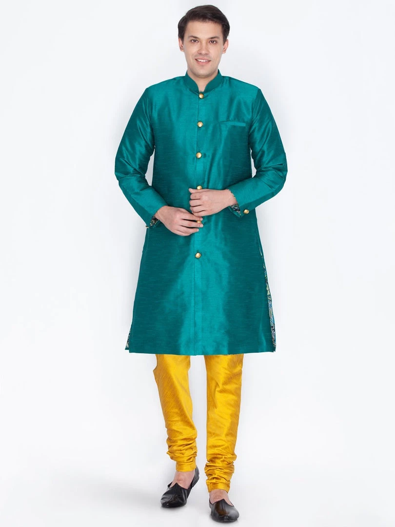Vastramay Buy 1 Get 1 Men's Green Silk Blend Sherwani Set 3 Vastramay Buy 1 Get 1 Men's Green Silk Blend Sherwani Set