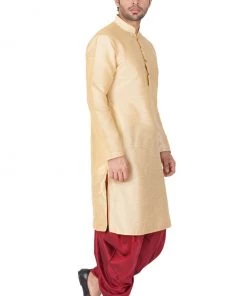 VASTRAMAY Men's Gold Cotton Silk Blend Kurta And Dhoti Pant Set