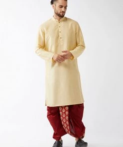 VASTRAMAY Men's Gold And Maroon Cotton Silk Blend Kurta And Dhoti Set