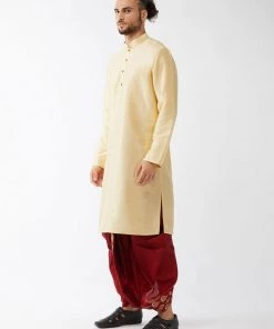 VASTRAMAY Men's Gold And Maroon Cotton Silk Blend Kurta And Dhoti Set