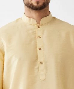 VASTRAMAY Men's Gold And Maroon Cotton Silk Blend Kurta And Dhoti Set