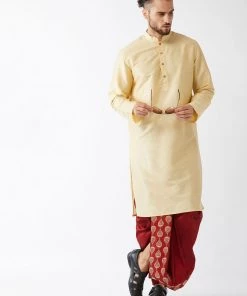 VASTRAMAY Men's Gold And Maroon Cotton Silk Blend Kurta And Dhoti Set