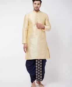 VASTRAMAY Men's Gold And Navy Blue Silk Blend Kurta And Dhoti Set