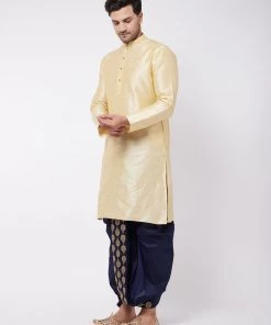 VASTRAMAY Men's Gold And Navy Blue Silk Blend Kurta And Dhoti Set