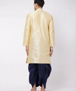 VASTRAMAY Men's Gold And Navy Blue Silk Blend Kurta And Dhoti Set
