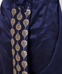VASTRAMAY Men's Gold And Navy Blue Silk Blend Kurta And Dhoti Set