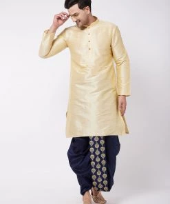 VASTRAMAY Men's Gold And Navy Blue Silk Blend Kurta And Dhoti Set