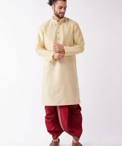 VASTRAMAY Men's Gold And Maroon Silk Blend Kurta And Dhoti Set
