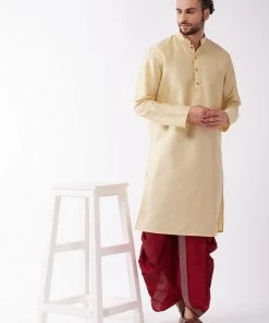 VASTRAMAY Men's Gold And Maroon Silk Blend Kurta And Dhoti Set