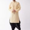 VASTRAMAY Men's Gold Silk Blend Kurta And Black Dhoti Set