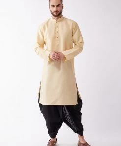 VASTRAMAY Men's Gold Silk Blend Kurta And Black Dhoti Set