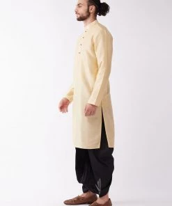 VASTRAMAY Men's Gold Silk Blend Kurta And Black Dhoti Set