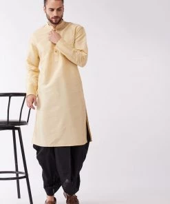 VASTRAMAY Men's Gold Silk Blend Kurta And Black Dhoti Set 14 VASTRAMAY Men's Gold Silk Blend Kurta And Black Dhoti Set