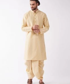 VASTRAMAY Men's Gold Solid Silk Blend Kurta And Dhoti Set
