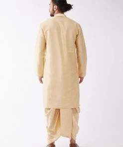 VASTRAMAY Men's Gold Solid Silk Blend Kurta And Dhoti Set