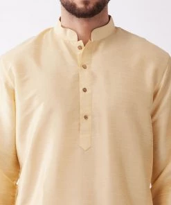 VASTRAMAY Men's Gold Solid Silk Blend Kurta And Dhoti Set