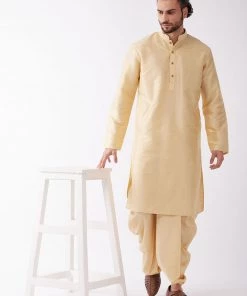 VASTRAMAY Men's Gold Solid Silk Blend Kurta And Dhoti Set