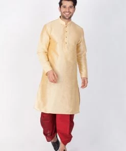 VASTRAMAY Men's Gold Cotton Silk Blend Kurta And Dhoti Pant Set