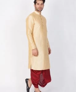 VASTRAMAY Men's Gold Cotton Silk Blend Kurta And Dhoti Pant Set