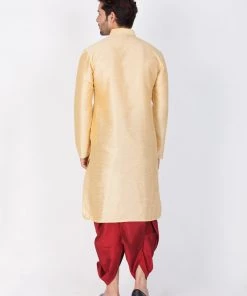 VASTRAMAY Men's Gold Cotton Silk Blend Kurta And Dhoti Pant Set
