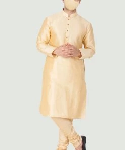 VASTRAMAY Men's Gold Cotton Silk Blend Kurta And Pyjama Set