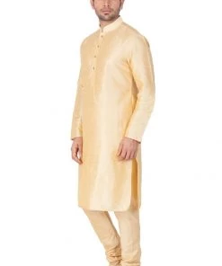 VASTRAMAY Men's Gold Cotton Silk Blend Kurta And Pyjama Set