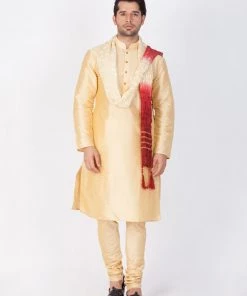Vastramay Silk Blend Gold Baap Beta Kurta Pyjama And Dupatta Set