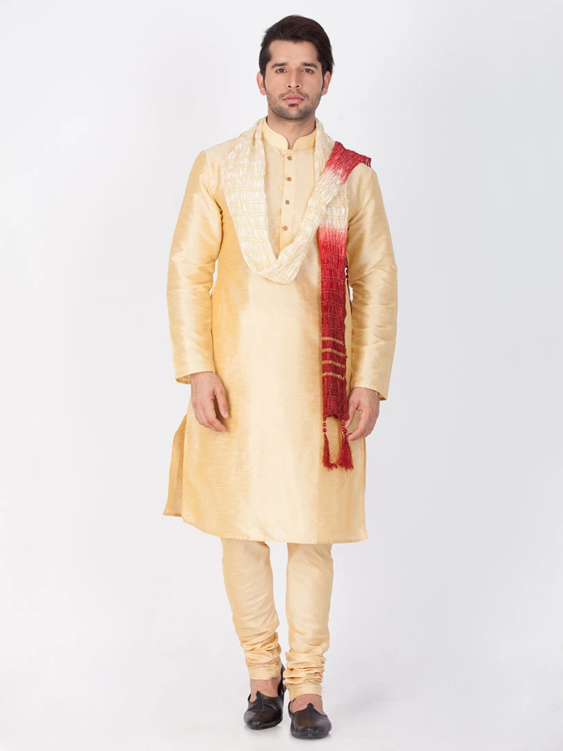 Vastramay Silk Blend Gold Baap Beta Kurta Pyjama And Dupatta Set 4 Vastramay Silk Blend Gold Baap Beta Kurta Pyjama And Dupatta Set