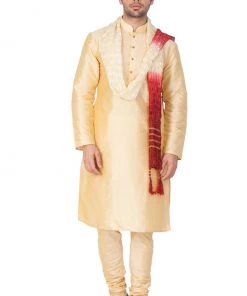 Vastramay Men's Gold Cotton Silk Blend Kurta, Pyjama & Dupatta Set