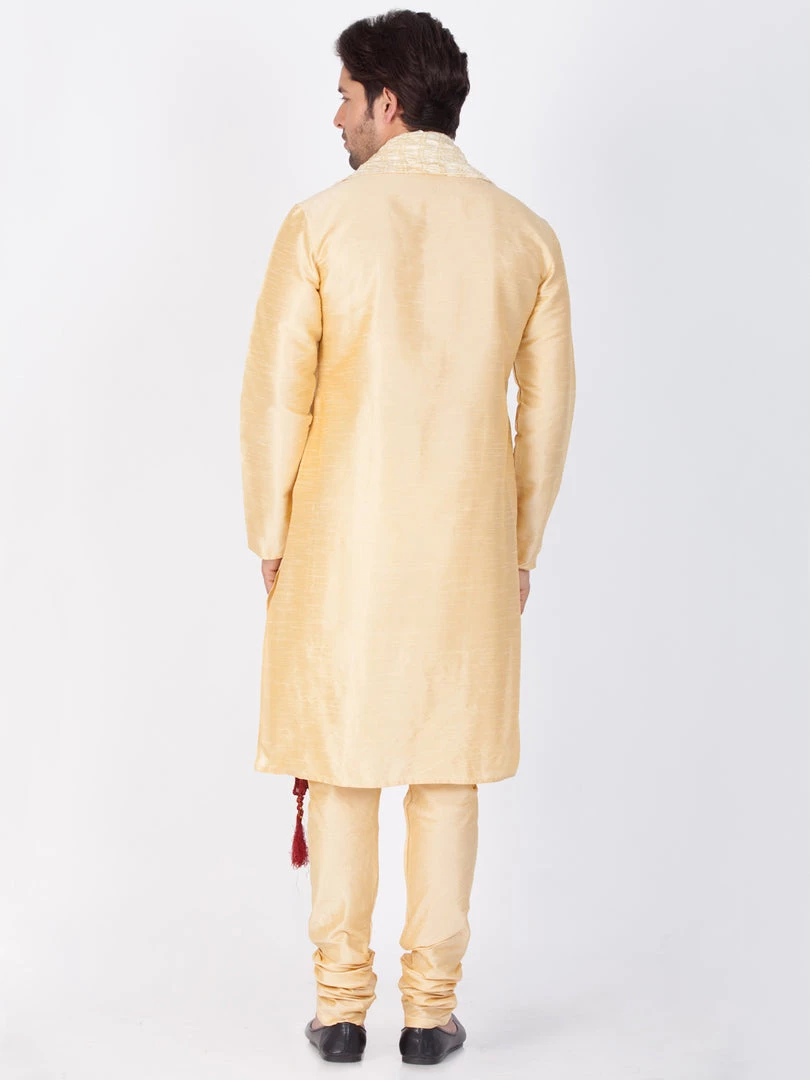 Vastramay Silk Blend Gold Baap Beta Kurta Pyjama And Dupatta Set 9 Vastramay Silk Blend Gold Baap Beta Kurta Pyjama And Dupatta Set
