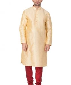 Vastramay Men's Gold Cotton Silk Blend Kurta And Pyjama Set