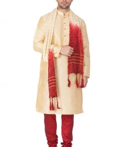 Vastramay Men's Gold Cotton Silk Blend Kurta, Pyjama & Dupatta Set