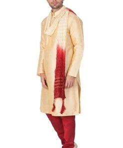 Vastramay Men's Gold Cotton Silk Blend Kurta, Pyjama & Dupatta Set