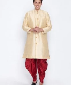 Vastramay Kurta Sets Men's Gold Cotton Silk Blend Sherwani Set