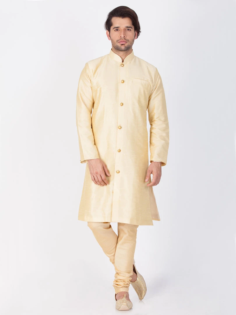Vastramay Buy 1 Get 1 Men's Gold Silk Blend Sherwani Set 3 Vastramay Buy 1 Get 1 Men's Gold Silk Blend Sherwani Set