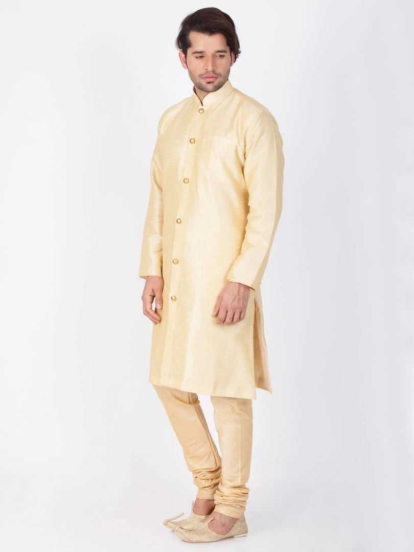 Vastramay Buy 1 Get 1 Men's Gold Silk Blend Sherwani Set 4 Vastramay Buy 1 Get 1 Men's Gold Silk Blend Sherwani Set