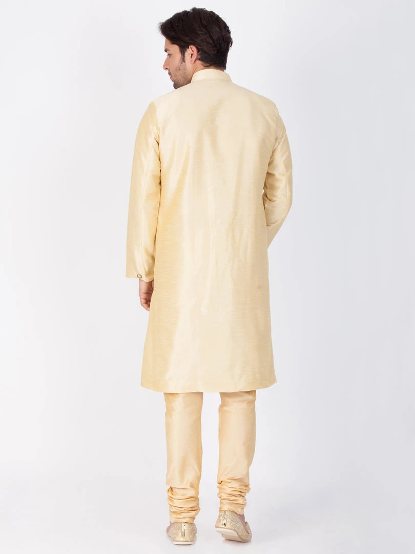 Vastramay Buy 1 Get 1 Men's Gold Silk Blend Sherwani Set 5 Vastramay Buy 1 Get 1 Men's Gold Silk Blend Sherwani Set