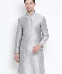 VASTRAMAY Men's Grey Cotton Silk Blend Kurta