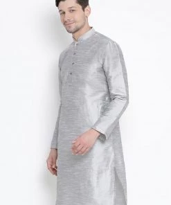 VASTRAMAY Men's Grey Cotton Silk Blend Kurta