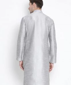 VASTRAMAY Men's Grey Cotton Silk Blend Kurta