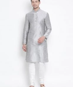 VASTRAMAY Men's Grey Cotton Silk Blend Kurta