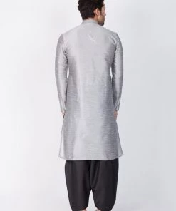 VASTRAMAY Men's Grey Cotton Silk Blend Kurta And Dhoti Pant Set