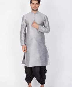 VASTRAMAY Men's Grey Cotton Silk Blend Kurta And Dhoti Pant Set