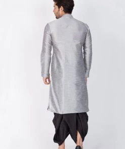 VASTRAMAY Men's Grey Cotton Silk Blend Kurta And Dhoti Pant Set