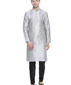 VASTRAMAY Men's Grey Cotton Silk Blend Kurta And Pyjama Set