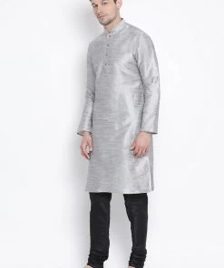 VASTRAMAY Men's Grey Cotton Silk Blend Kurta And Pyjama Set