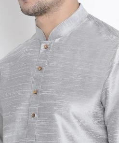 VASTRAMAY Men's Grey Cotton Silk Blend Kurta And Pyjama Set