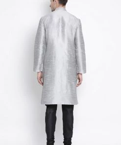 VASTRAMAY Men's Grey Cotton Silk Blend Kurta And Pyjama Set